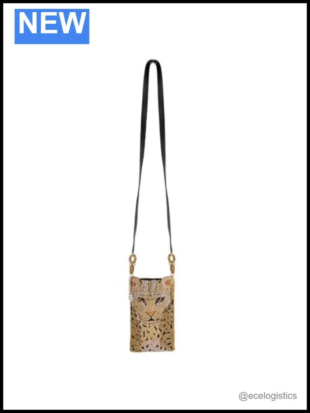 Beaded Leopard Crossbody Cell Phone Bag with Zipper Pocket, Leather Strap